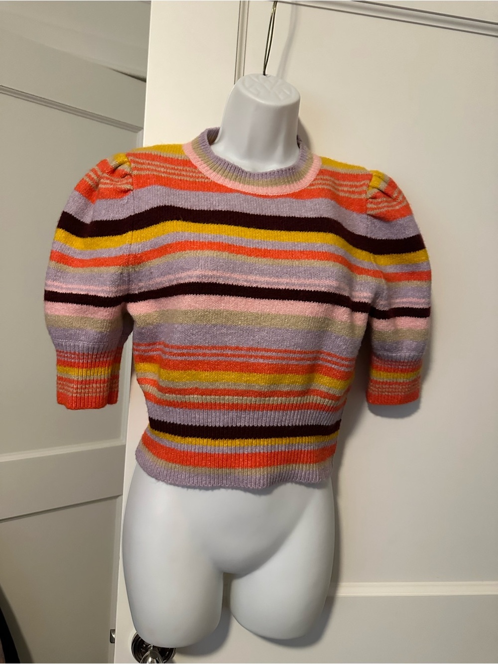 Multi-Color Stripe Puff Sleeve Sweater - Lavender, Pink & Orange